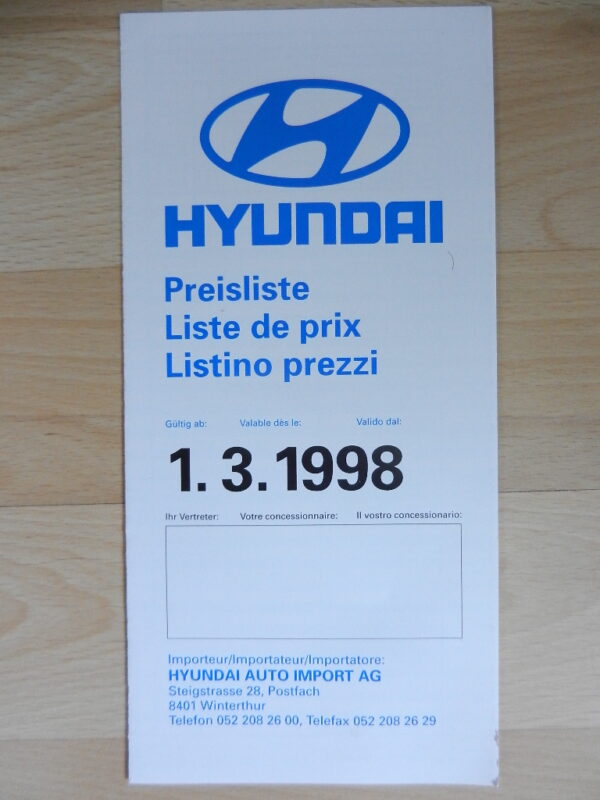 Catalogue Hyundai liste des prix mars 1998 Suisses