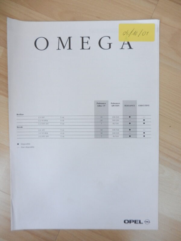 Catalogue Opel Omega 2001