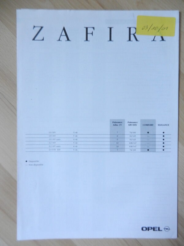 Catalogue Opel Zafira 2001