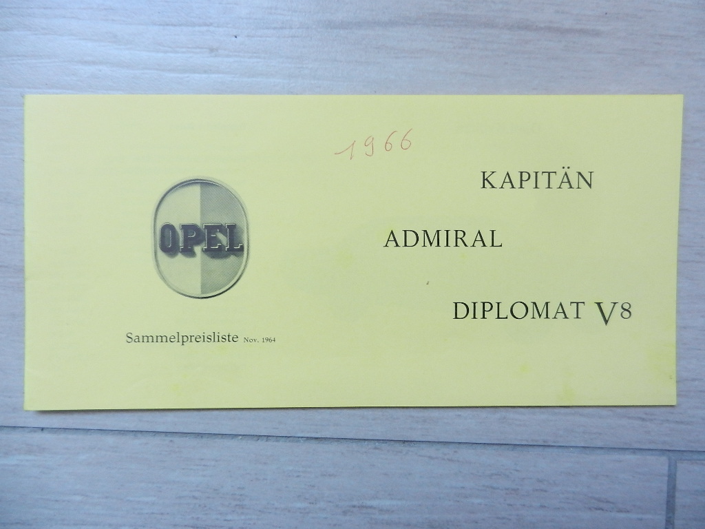 Catalogue Opel Kapitän Admiral Diplomat V8 Tarif 1964 Suisses
