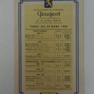 Catalogue Peugeot Tarif au 24 mars 1958