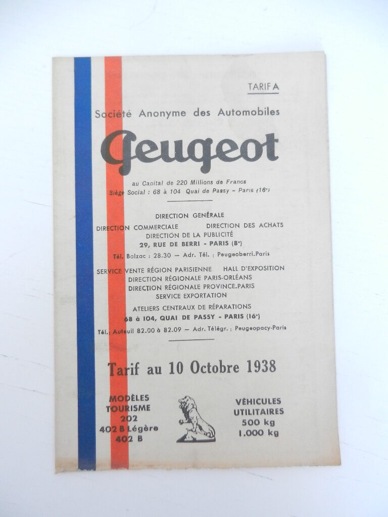 Catalogue Peugeot Tarif au 10 Octobre 1938