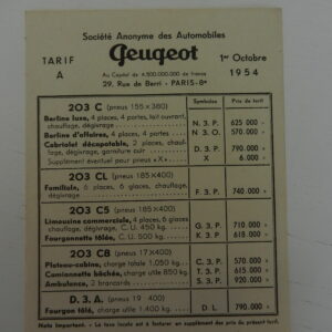 Catalogue Peugeot Tarif au 1er octobre 1954