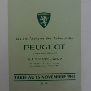 Catalogue Peugeot Tarif au 13 novembre 1961