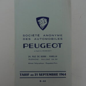 Catalogue Peugeot Tarif au 21 septembre 1964