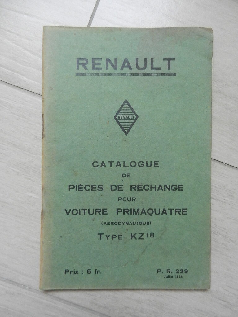Catalogue de pièces de rechanges Renault Primaquatre type KZ18 1934