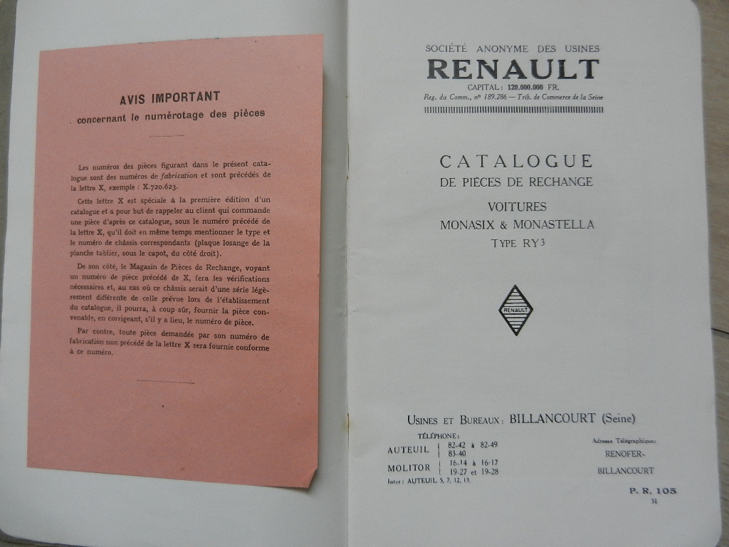Catalogue de Pièces de rechange Renault Monasix & Monastella type RY3 1931 – Image 2