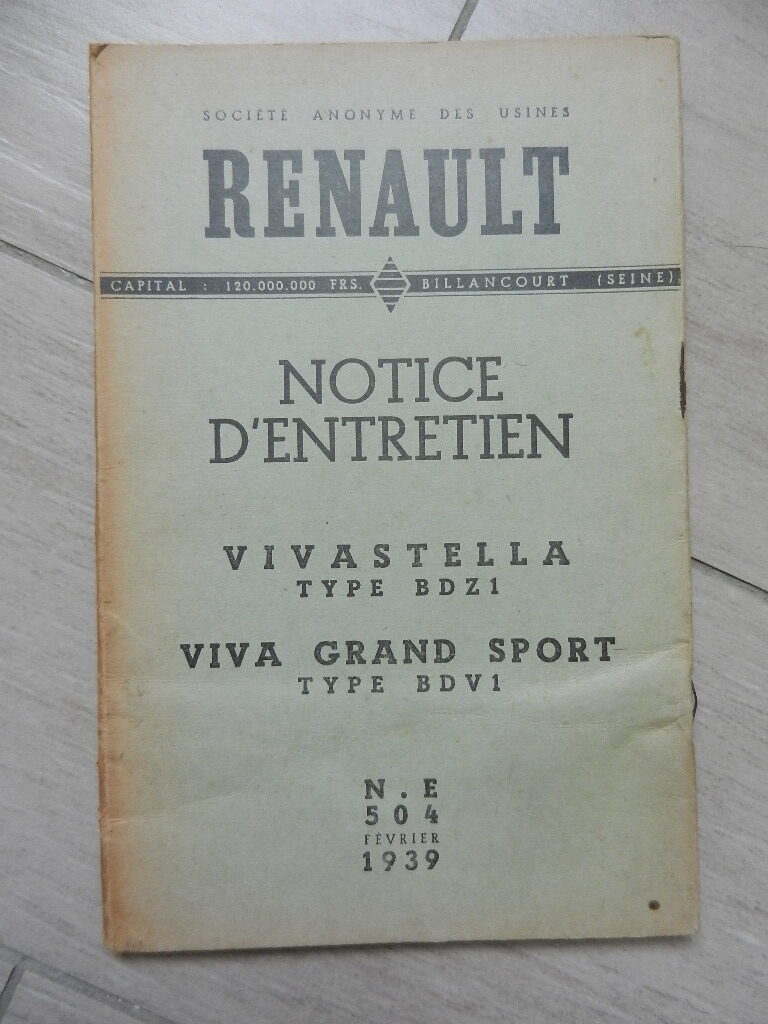 Notice d'utilisation / entretien Renault Vivastella type BDZ1 & Viva Grand Sport type BDV1 1939